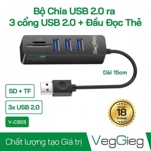 Bộ Chia USB 2.0 ra 3 cổng USB2.0 + Đầu Đọc Thẻ (SD+TF 2 TRONG 1) - V-C303